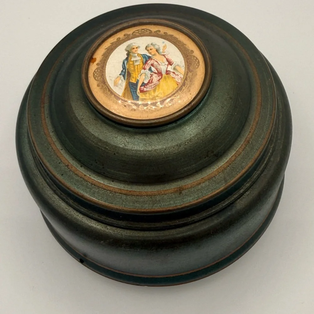 Vintage AluminumMusical Powder/Trinket Box with Painted Victorian Medallion